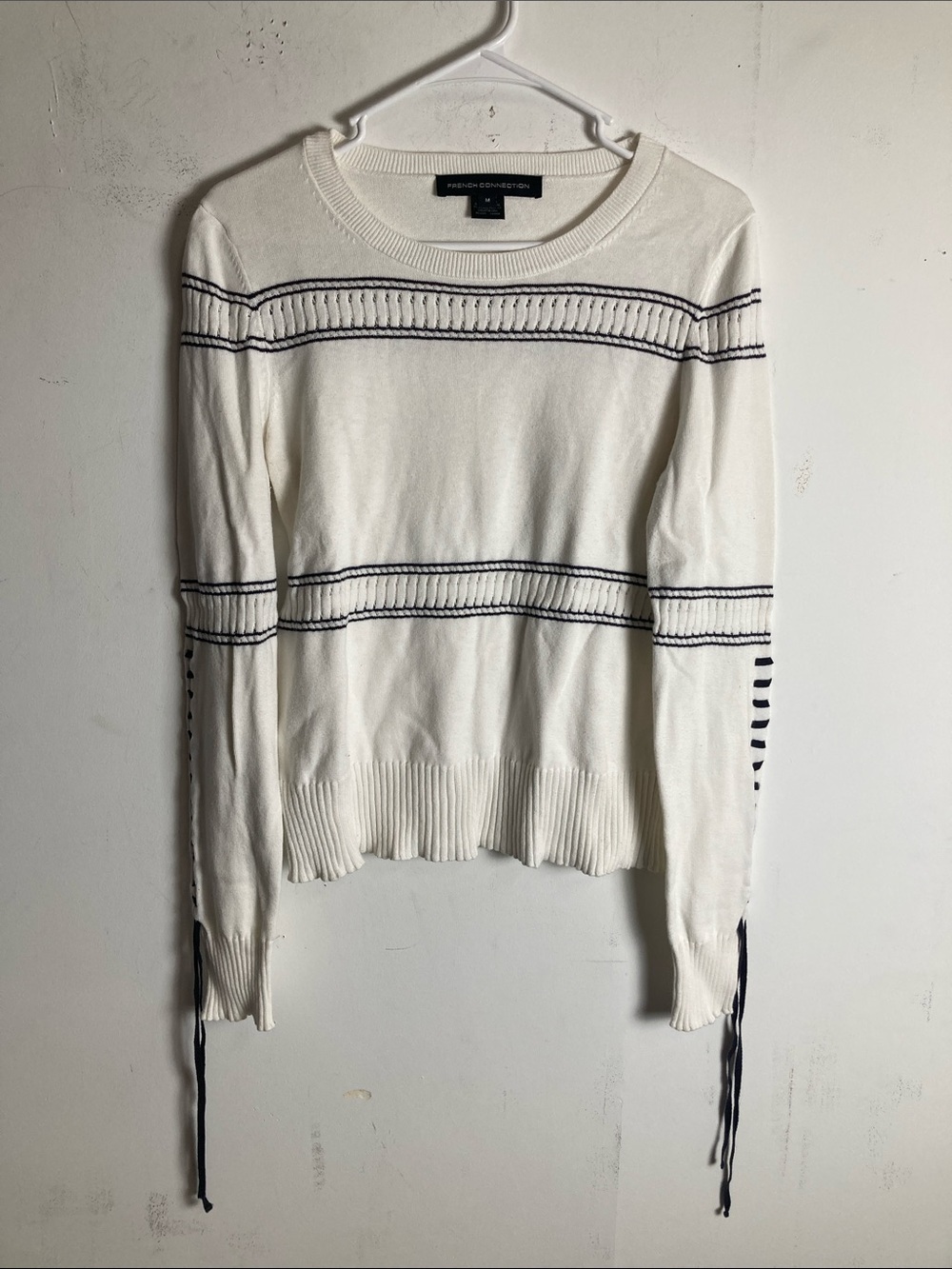 French Connection Ivory Crewneck Sweater with Navy Stripes and Sleeve Ties